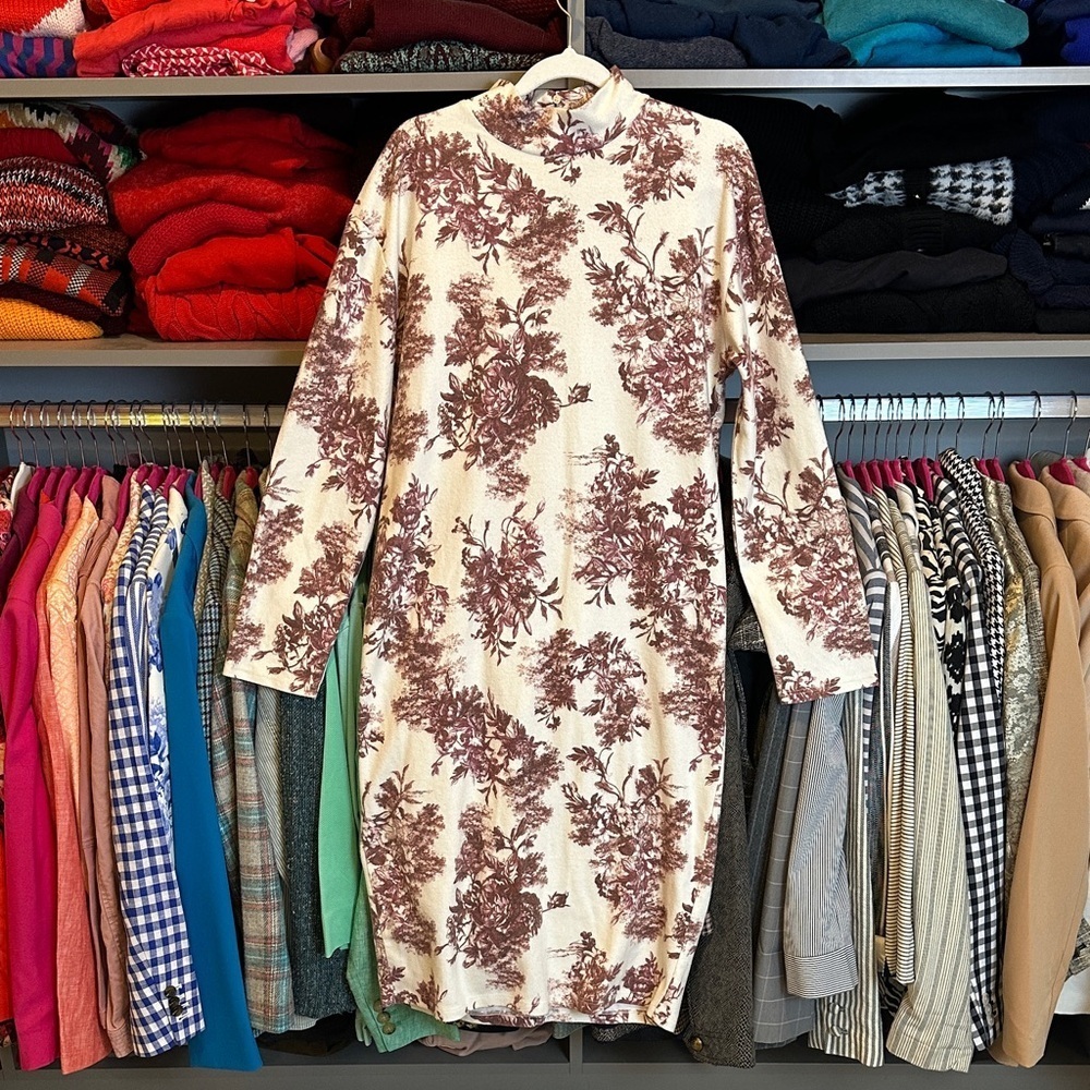 Zara ivory/mauve floral long sleeve button back closure midi dress size S NWOT